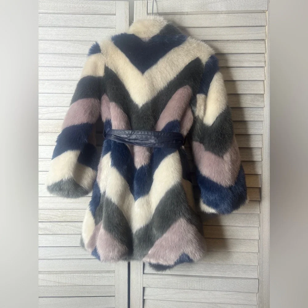 Imoga Faux Fur Coat Girls Size 4 Chevron Belted Jacket HTF Boutique